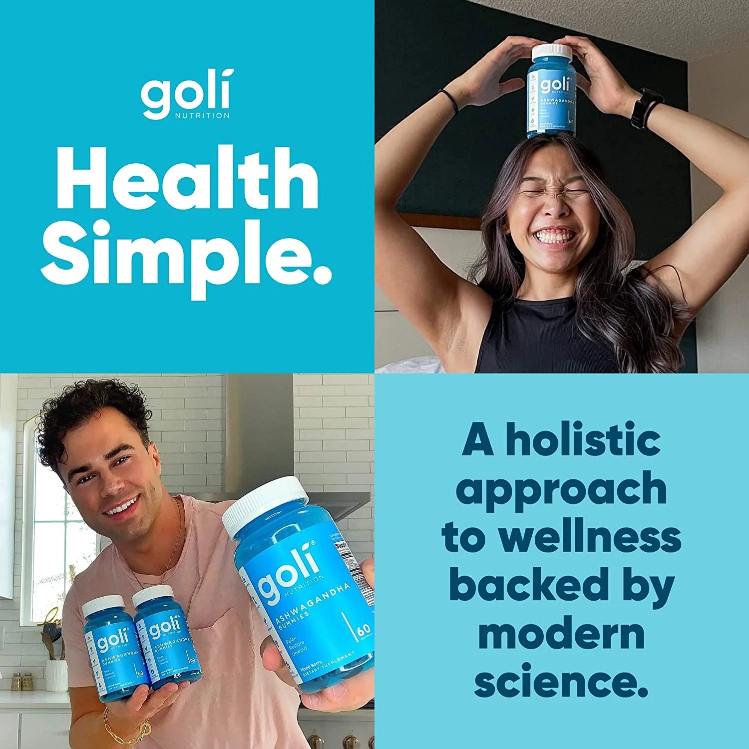 Promotional image for goli nutrition with text 'Health Simple' and 'A holistic approach to wellness backed by modern science'.