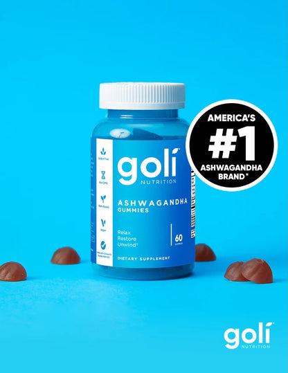 Goli Ashwagandha gummies bottle on a blue background with a badge indicating 'America's #1 Ashwagandha Brand'.